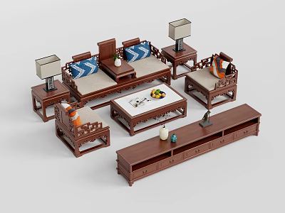 Traditional Sofa And Coffee Table Set With Wooden Armchairs Side Tables TV Stand And Cushions 3d model