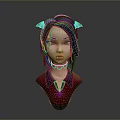 3D Character Head Model With Purple Hair Red Accessories Neck Ornament And Red Top