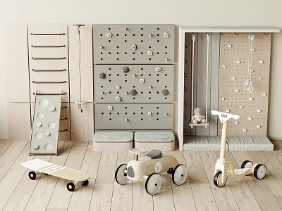 Kids Sports Equipment Including Climbing Walls Ladder Balance Board Tricycle And Scooter 3d model