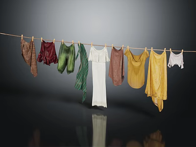 Various Colored Clothes Hanging On Clothesline With Dark Background And Reflection 3d model