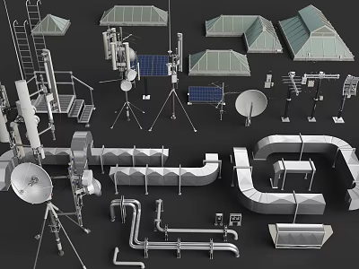 Industrial Mechanical Components Collection With Satellite Dishes Pipes And Solar Panels 3d model