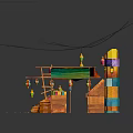 Cartoon Style Colorful Stall Scene with Shelves Hanging Lanterns and Colorful Items Under Green Canopy