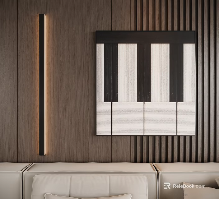 Modern Abstract Painting With Black White Vertical Stripes On Wooden Wall 3d model 