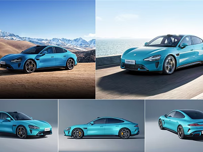 Blue Electric Sports Car Showcased In Multiple Angles On Coastal Mountain Road 3d model