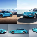 Blue Electric Sports Car Showcased In Multiple Angles On Coastal Mountain Road