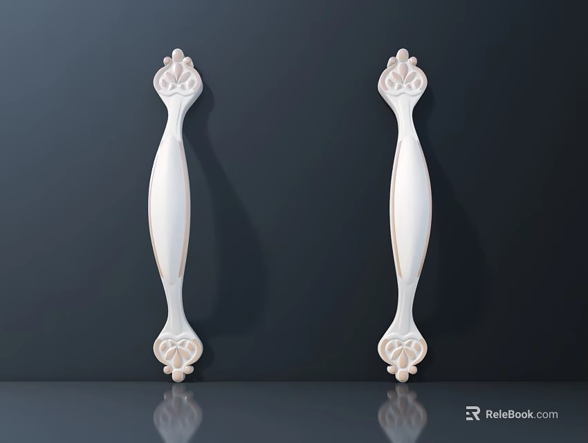 White Ornate Furniture Handles With Carved Details On Dark Background And Reflections 3d model 