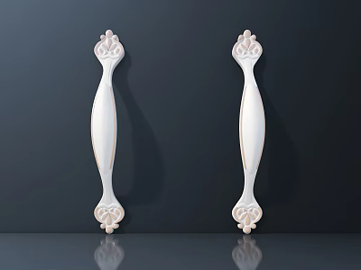 White Ornate Furniture Handles With Carved Details On Dark Background And Reflections 3d model