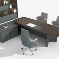 Modern Office Desk With Wooden Top And Gray Chairs Near Bookshelf With Books And Plant