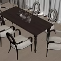 Modern Dining Table Set Rectangular Dark Wood With Six Light Upholstered Chairs And Floral Vase 3d model
