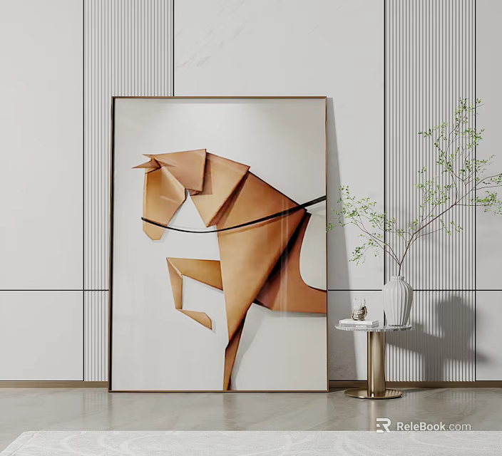 Brown Origami Horse Animal Painting On White Wall With Small Table Plant And Vase 3d model 