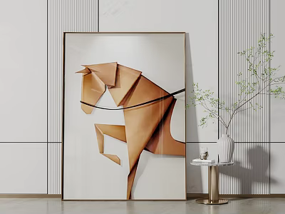 Brown Origami Horse Animal Painting On White Wall With Small Table Plant And Vase 3d model