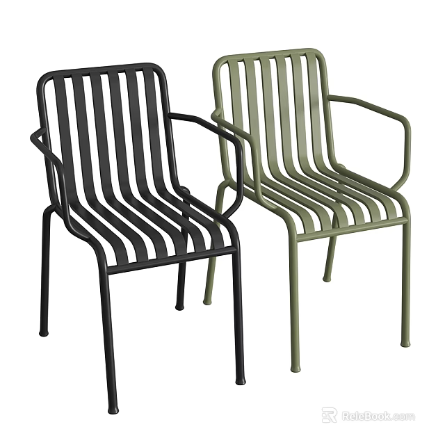 Modern Metal Slat Design Chairs in Black and Green with Armrests for Indoor Outdoor Use 3d model 