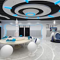 School Science Exploration Room With Modern Design Blue Lighting Round Tables And Open Space
