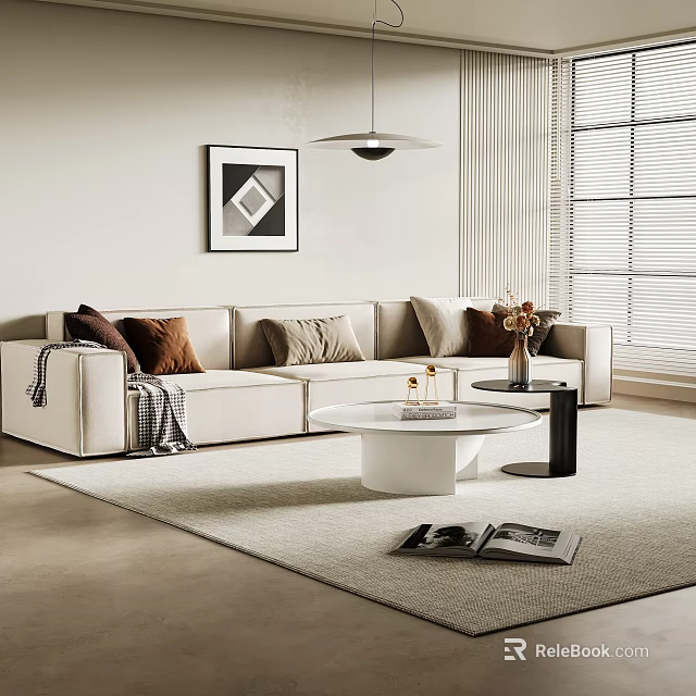 Light Colored Sofa Coffee Table Set With Cushions Throw Blanket White Round Table And Black Side Table 3d model
