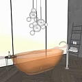 Amber Transparent Oval Shaped Bathtub With Sea View Sunset And Hanging Pendant Lights