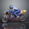Racing Motorcycle With Blue Yellow Orange Livery Rider In Suit And Helmet Displaying Sponsor Logos