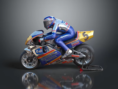 Racing Motorcycle With Blue Yellow Orange Livery Rider In Suit And Helmet Displaying Sponsor Logos 3d model