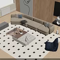 Modern Beige Sofa And Coffee Table Set With Throw Pillows Diamond Pattern Rug Wooden Floor 3d model