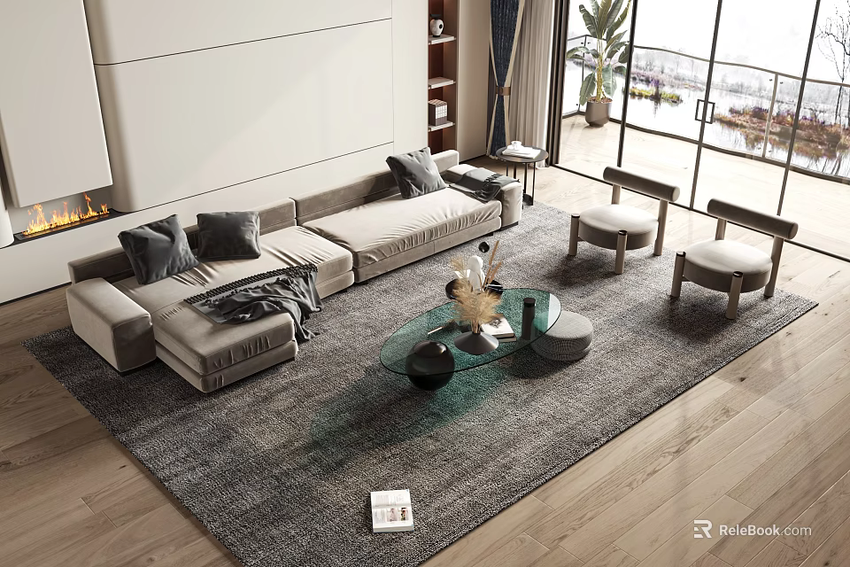 Modern Living Room Sofa And Glass Coffee Table Set With Grey Pillows And Area Rug 3d model 