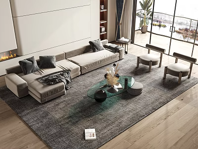 Modern Living Room Sofa And Glass Coffee Table Set With Grey Pillows And Area Rug 3d model