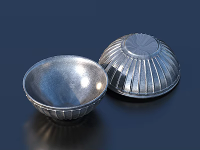 Silver Tableware Set with Bowl and Covered Container Featuring Patterned Textured Surface 3d model