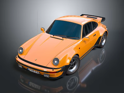 Orange Vintage Porsche Sports Car With Rear Spoiler And Shiny Wheels 3d model