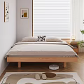 Double Bed with Wooden Frame Bedside Table Lamp Wall Art White Blinds and Green Plant