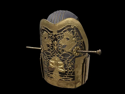 Traditional Golden Decorative Helmet with Intricate Filigree Patterns and Side Metal Rods 3d model