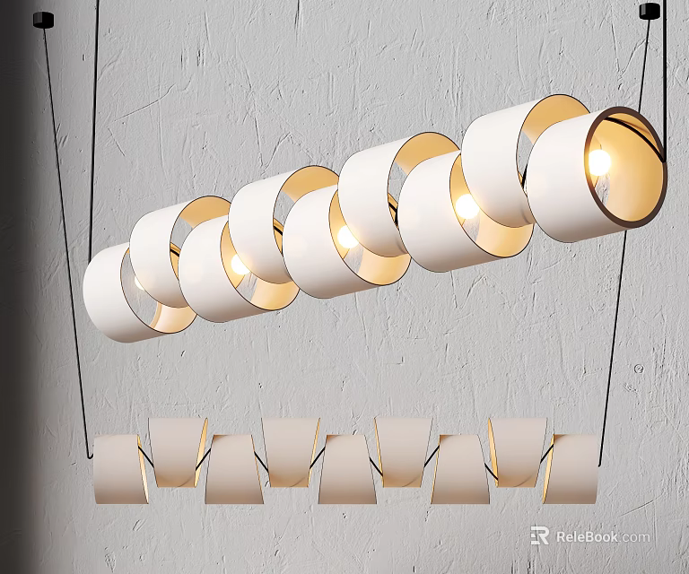 Modern Interior Pendant Lights With White Cylindrical Shades Arranged In Double Rows On Grey Wall 3d model 