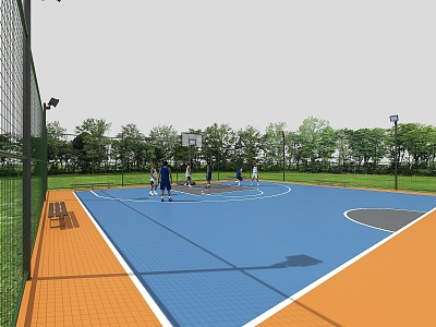 Modern outdoor court half-court basketball 3V3 basketball court basketball people basketball court sports ground stadium lights iron fence barbed wire fence 3d model