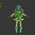 Anime Fantasy Girl Character With Orange Pigtails Horns Blue White Outfit And Green Bag