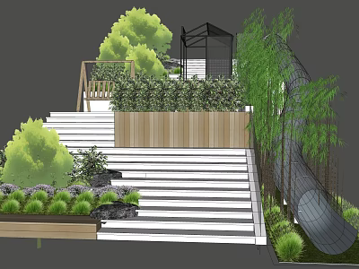 Garden Landscape Design With Stone Steps Wooden Planters Lush Green Plants And Trees 3d model