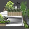 Garden Landscape Design With Stone Steps Wooden Planters Lush Green Plants And Trees