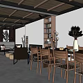 Warm Modern Hotel Public Lounge Area With Wooden Ceiling Pendant Lights And Wooden Tables Chairs