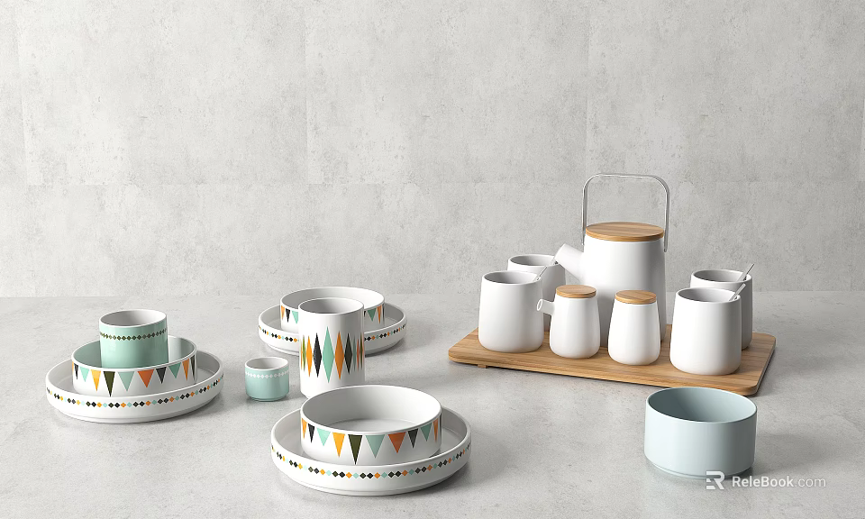Modern Dinnerware Set With Colorful Geometric Patterns Ceramic Bowls Plates Cups Teapot On Wooden Tray 3d model 