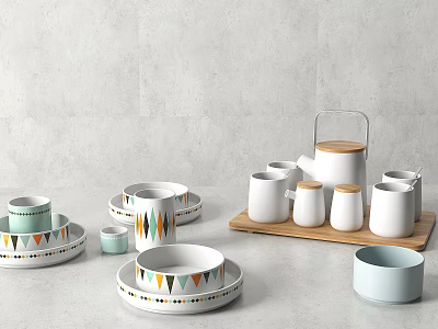 Modern Dinnerware Set With Colorful Geometric Patterns Ceramic Bowls Plates Cups Teapot On Wooden Tray 3d model
