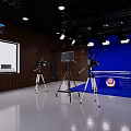 Public Office Space With Dark Blue Wall Wooden Panels White Flooring Cameras Tripods And Lighting