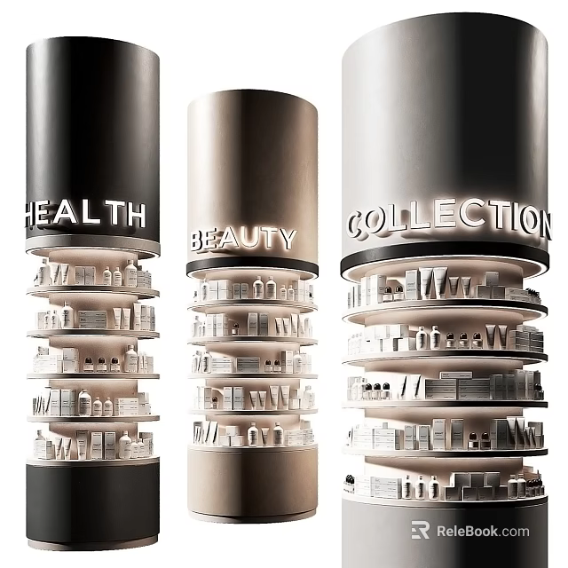 Cylindrical Display Shelves Featuring Health Beauty Collection Labels and Various Products Displayed 3d model 