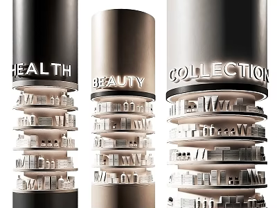 Cylindrical Display Shelves Featuring Health Beauty Collection Labels and Various Products Displayed 3d model