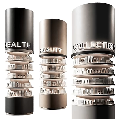 Cylindrical Display Shelves Featuring Health Beauty Collection Labels and Various Products Displayed 3d model