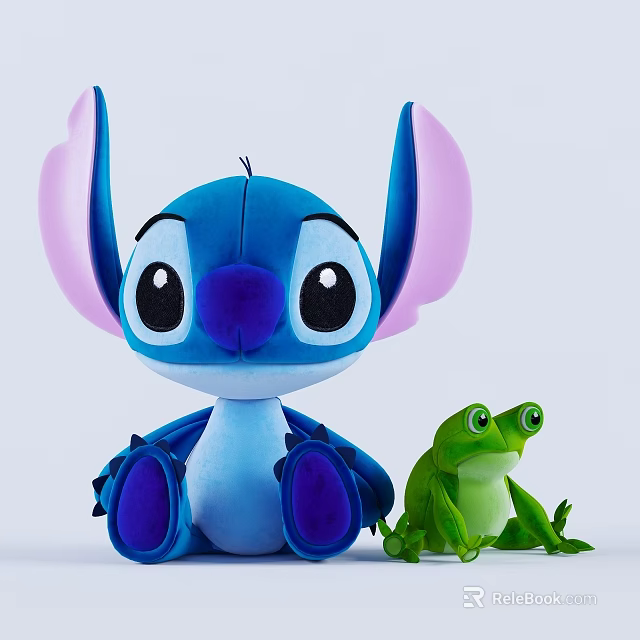Blue Stitch Plush Doll With Big Pink Ears Purple Nose And Green Frog Toy 3d model 
