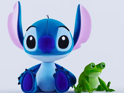 Blue Stitch Plush Doll With Big Pink Ears Purple Nose And Green Frog Toy 3d model