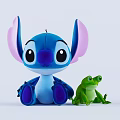 Blue Stitch Plush Doll With Big Pink Ears Purple Nose And Green Frog Toy