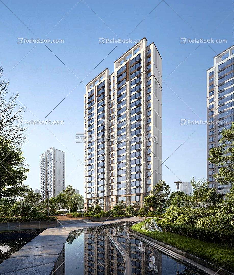 Modern residential area gatehouse day view indoor high-rise residential waterscape 3d model