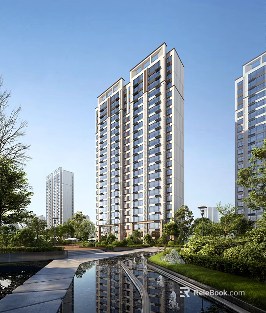 Modern High Rise Residential Building Exterior Design With Lush Greenery And Trees 3d model 
