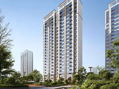 Modern High Rise Residential Building Exterior Design With Lush Greenery And Trees 3d model