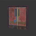 Red Rusty Double Doors With Small Windows And Yellow Black Warning Stripes 3d model