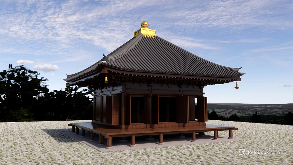 Ancient Architecture With Black Tiled Roof Golden Top Wooden Structure On Stone Ground 3d model 