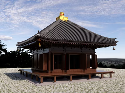 Ancient Architecture With Black Tiled Roof Golden Top Wooden Structure On Stone Ground 3d model
