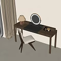 Elegant Modern Dressing Table With Round Mirror Table Lamp And Wooden Chair
